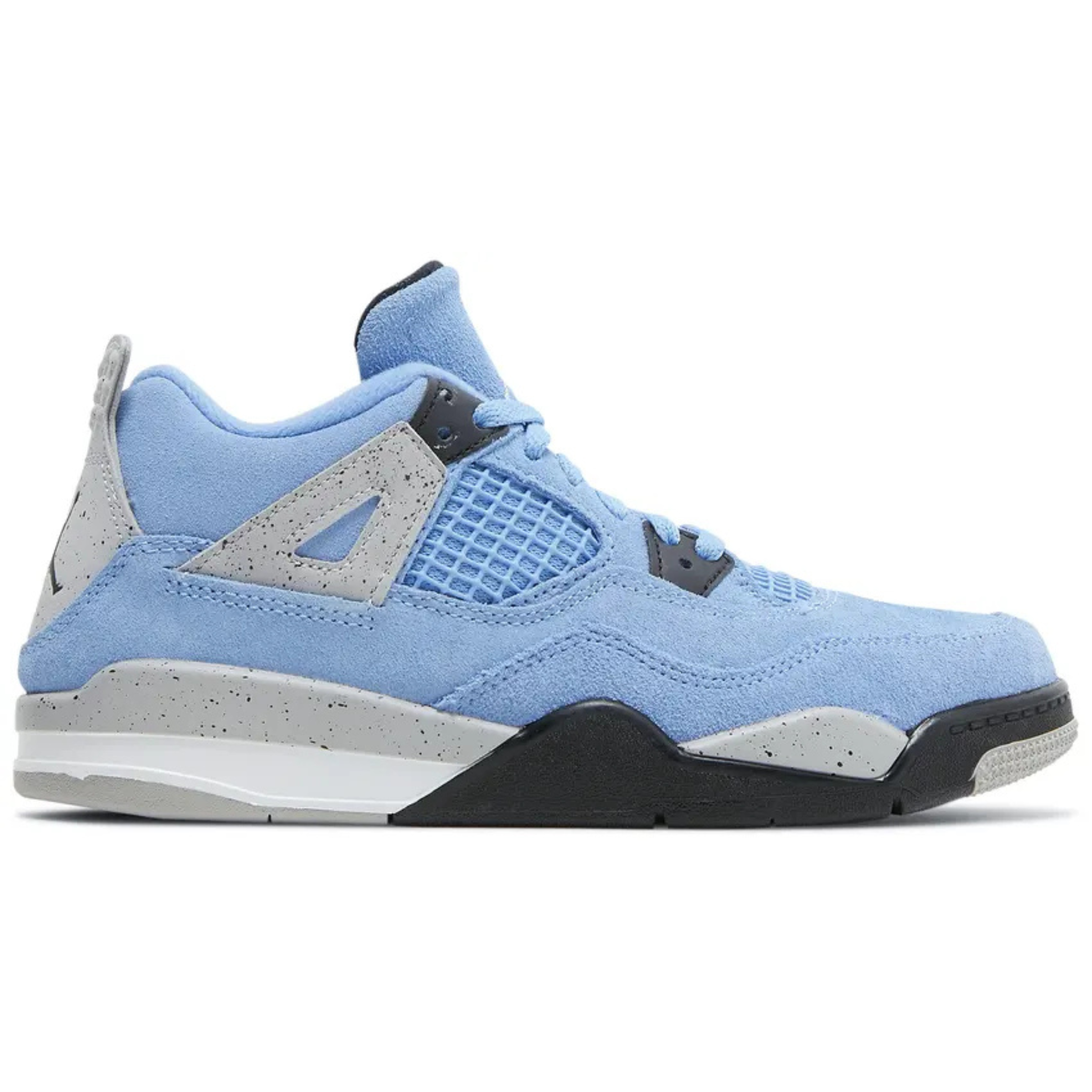 Air Jordan 4 Retro PS University Blue sneaker with light blue suede and gray accents.