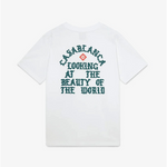 White Casablanca Beauty Of The World T-shirt with green text design on the back