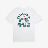 White Casablanca Beauty Of The World T-shirt with green text design on the back