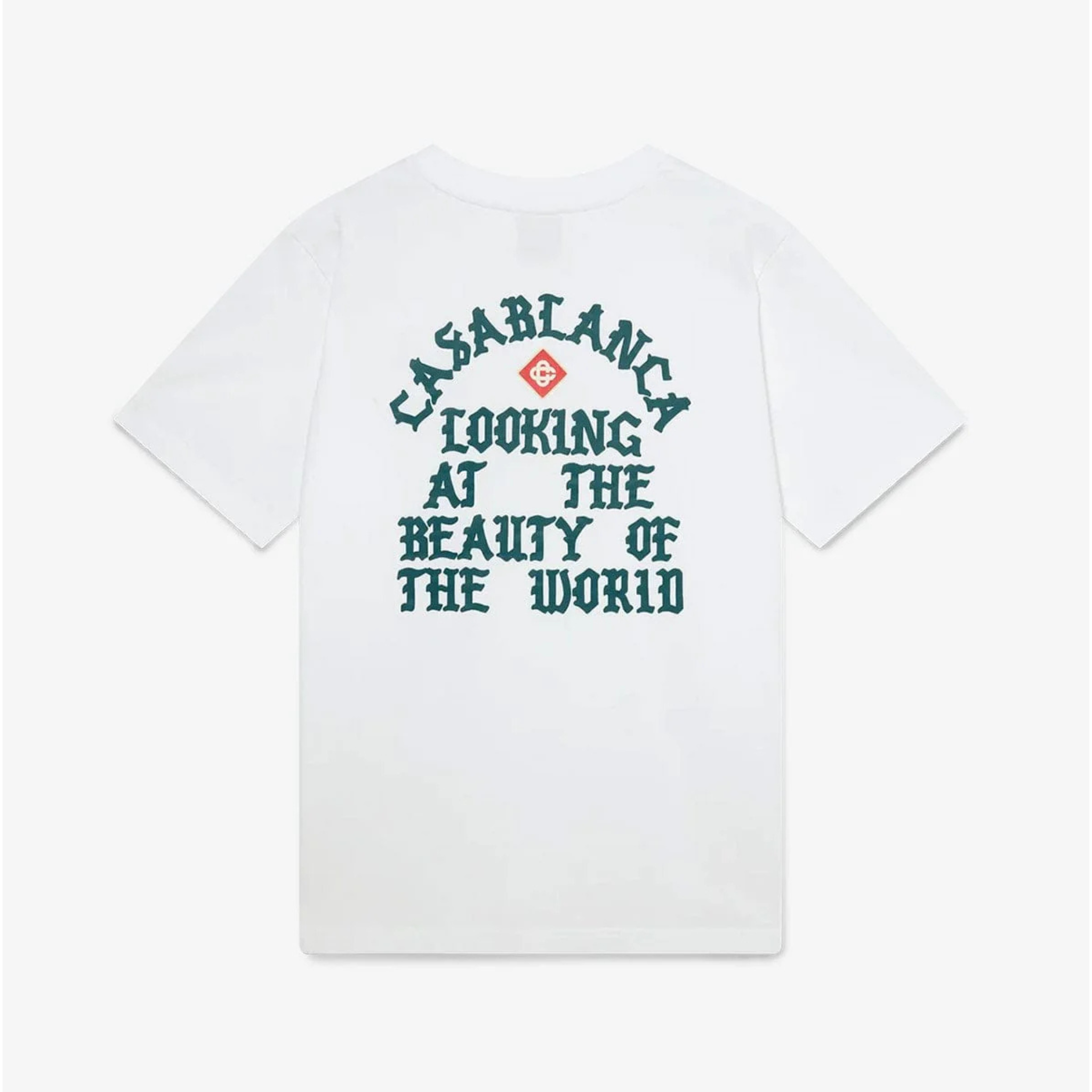 White Casablanca Beauty Of The World T-shirt with green text design on the back