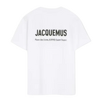 White Jacquemus The Saint Tropez T-shirt with black logo and address print on the back