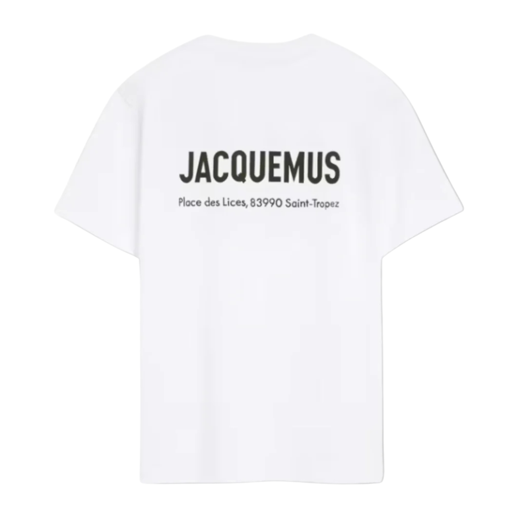 White Jacquemus The Saint Tropez T-shirt with black logo and address print on the back