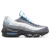 Grey and laser blue Air Max 95 Recraft GS sneaker with black sole and visible air cushioning