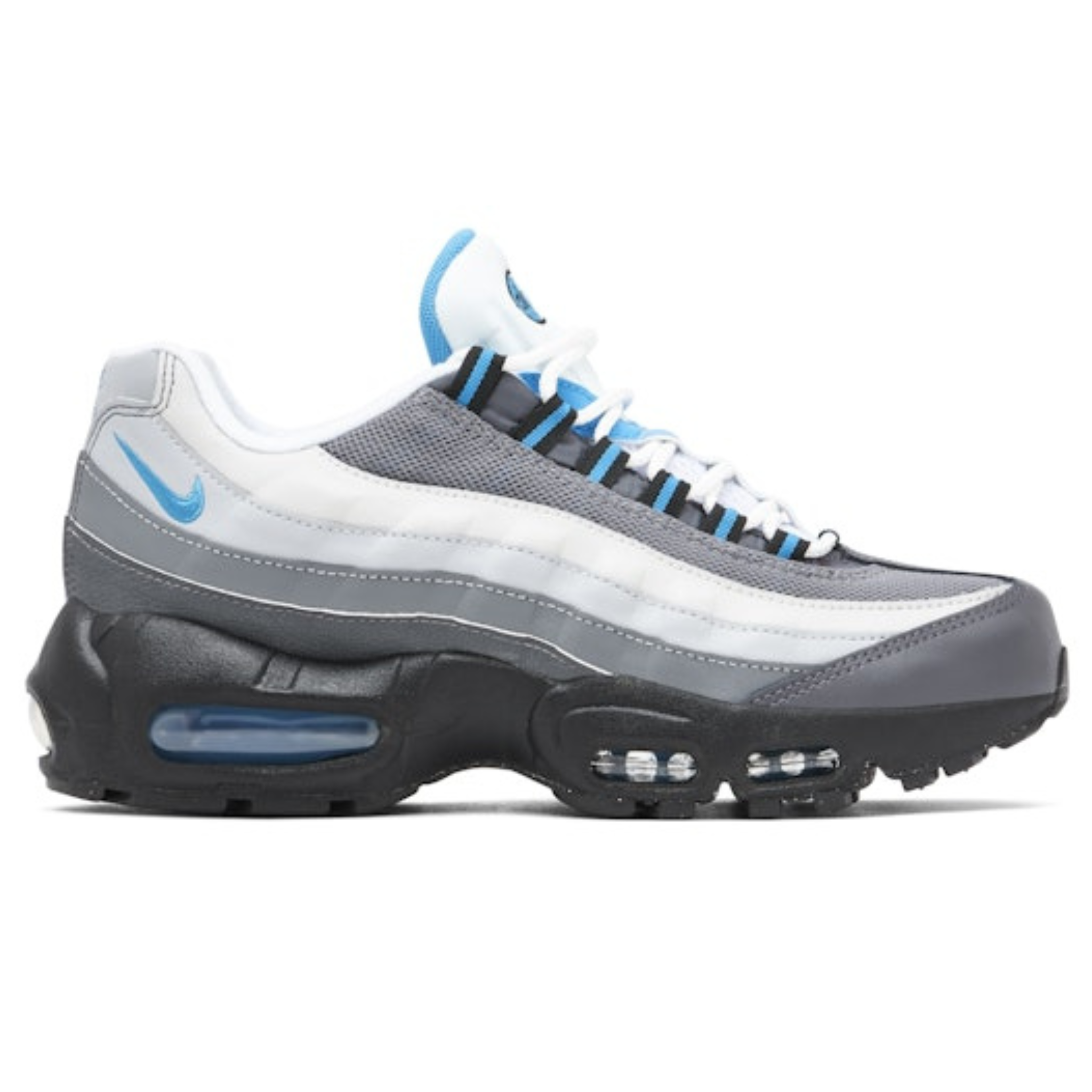 Grey and laser blue Air Max 95 Recraft GS sneaker with black sole and visible air cushioning