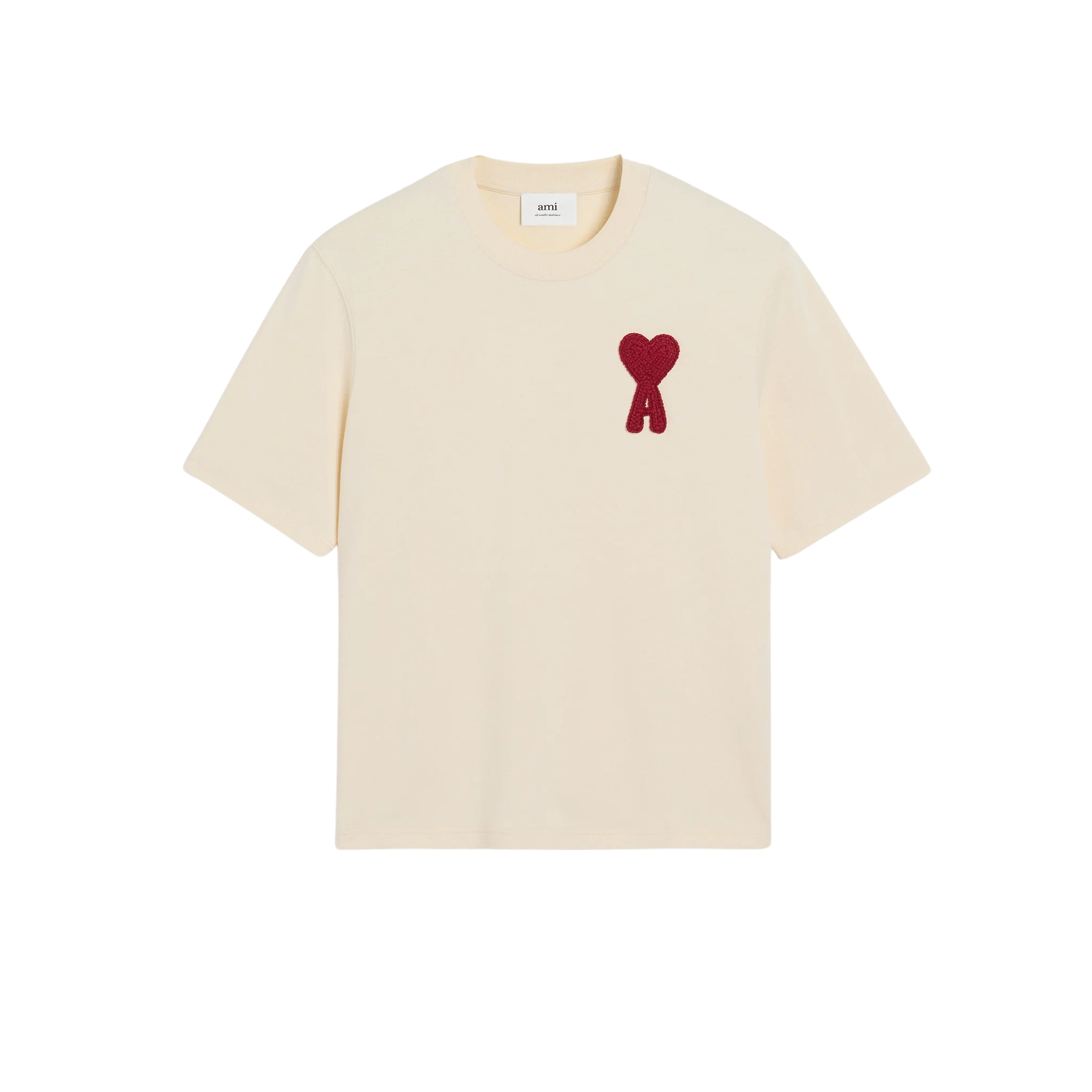 Ami Paris De Coeur cream cotton t-shirt with red heart patch on chest