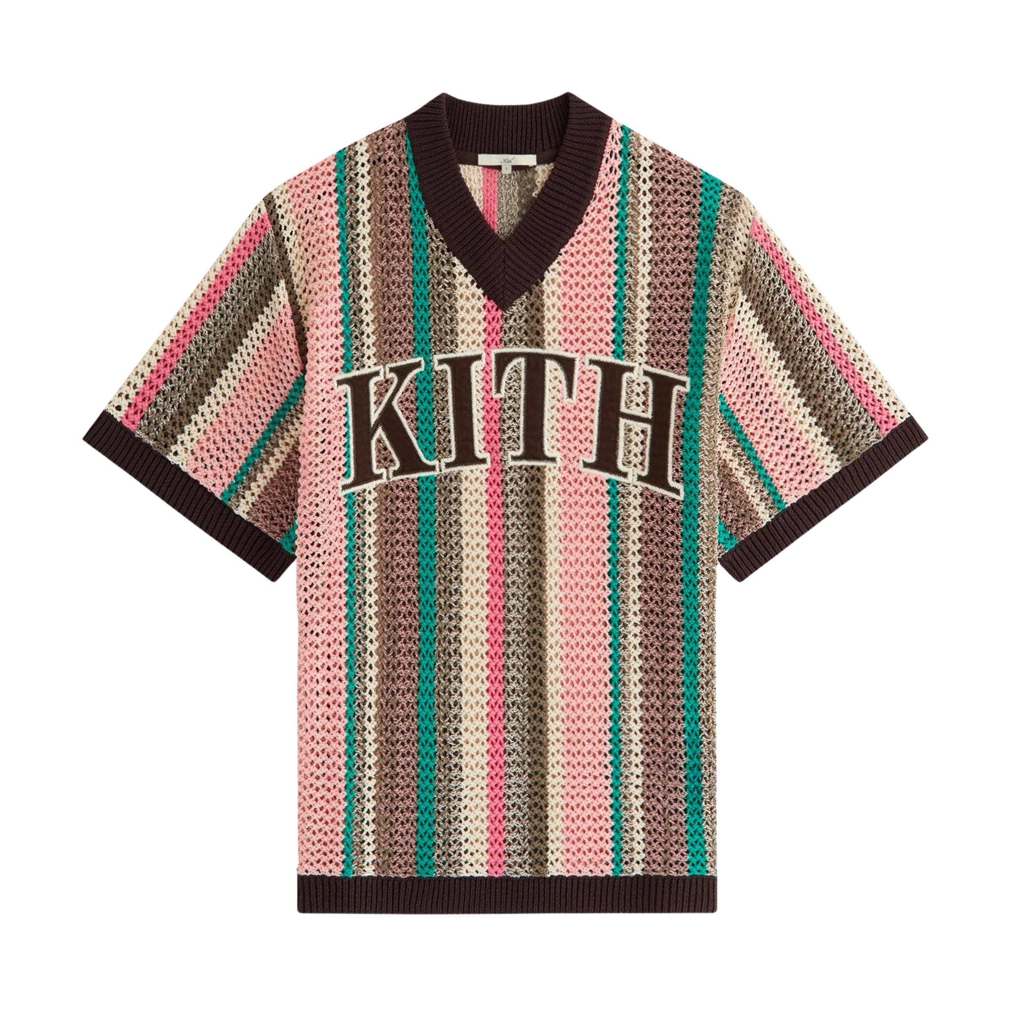 Kith Spencer II crochet jersey with colorful vertical stripes and bold KITH logo on front