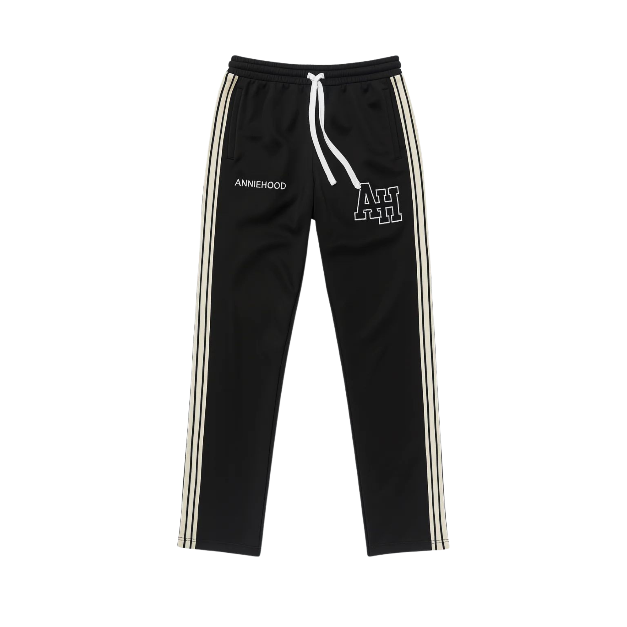 Black ANNIE HOOD track pant with white side stripes and drawstring waistband