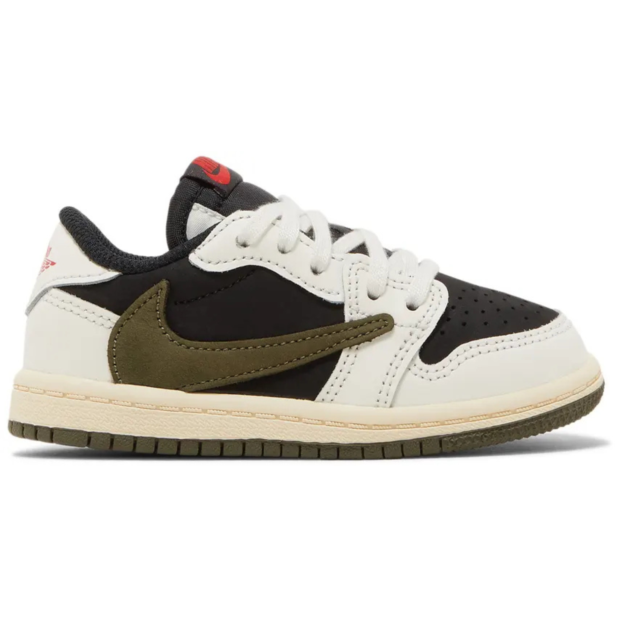 Travis Scott x Air Jordan 1 Low OG TD Olive sneaker with olive green swoosh and white and black upper