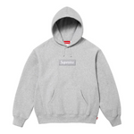 Grey Supreme Box Logo hooded sweatshirt FW24 with front pocket and drawstring hood