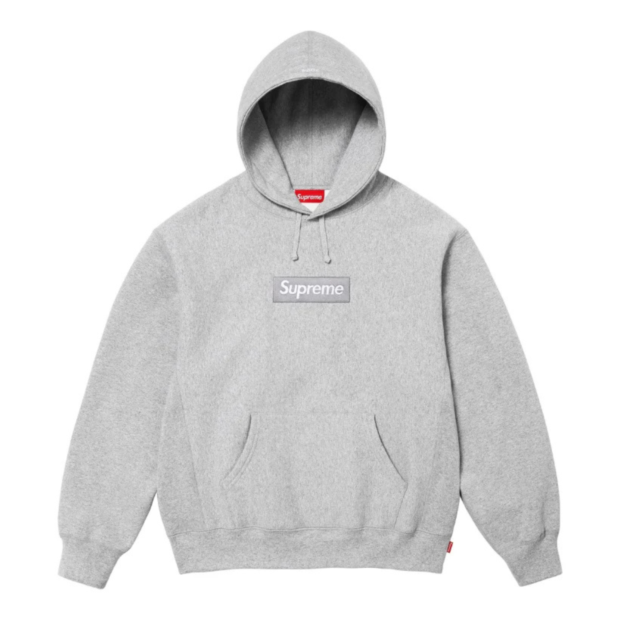 Grey Supreme Box Logo hooded sweatshirt FW24 with front pocket and drawstring hood