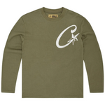 Corteiz C Starz khaki waffle long-sleeve shirt with white logo on chest