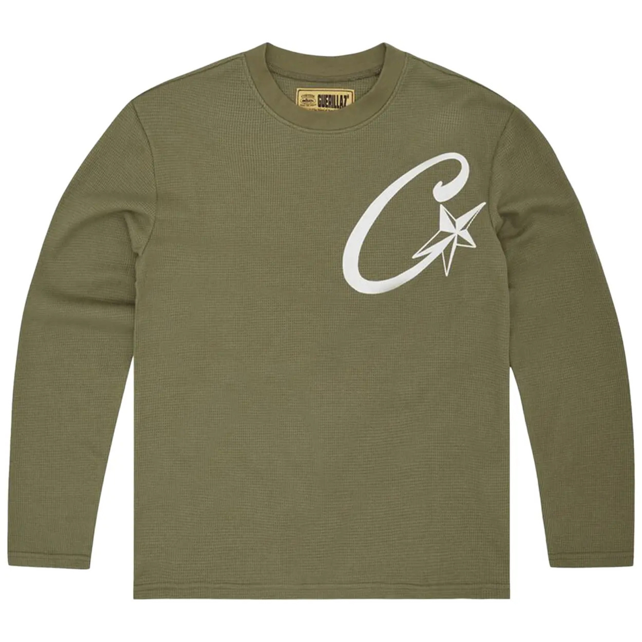 Corteiz C Starz khaki waffle long-sleeve shirt with white logo on chest