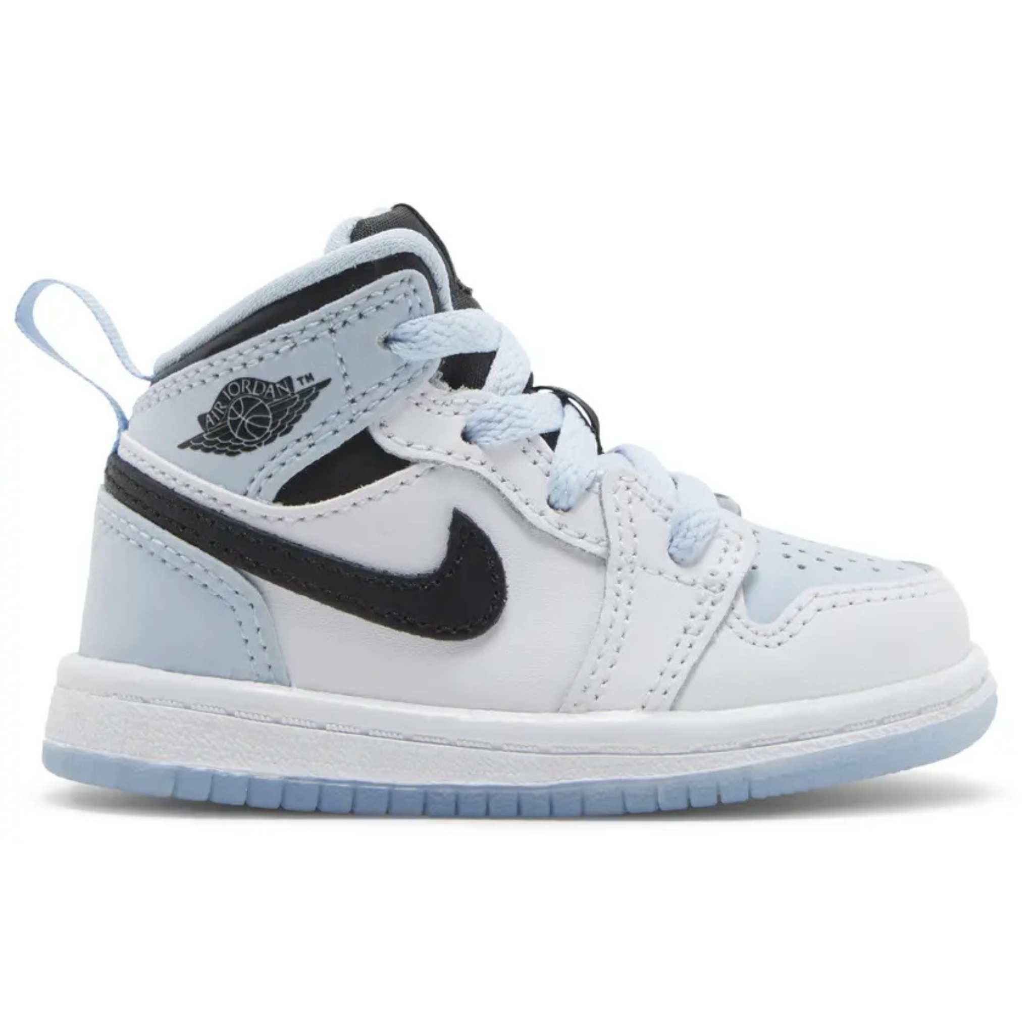 Air Jordan 1 Mid SE TD sneaker in white and ice blue with black Nike swoosh