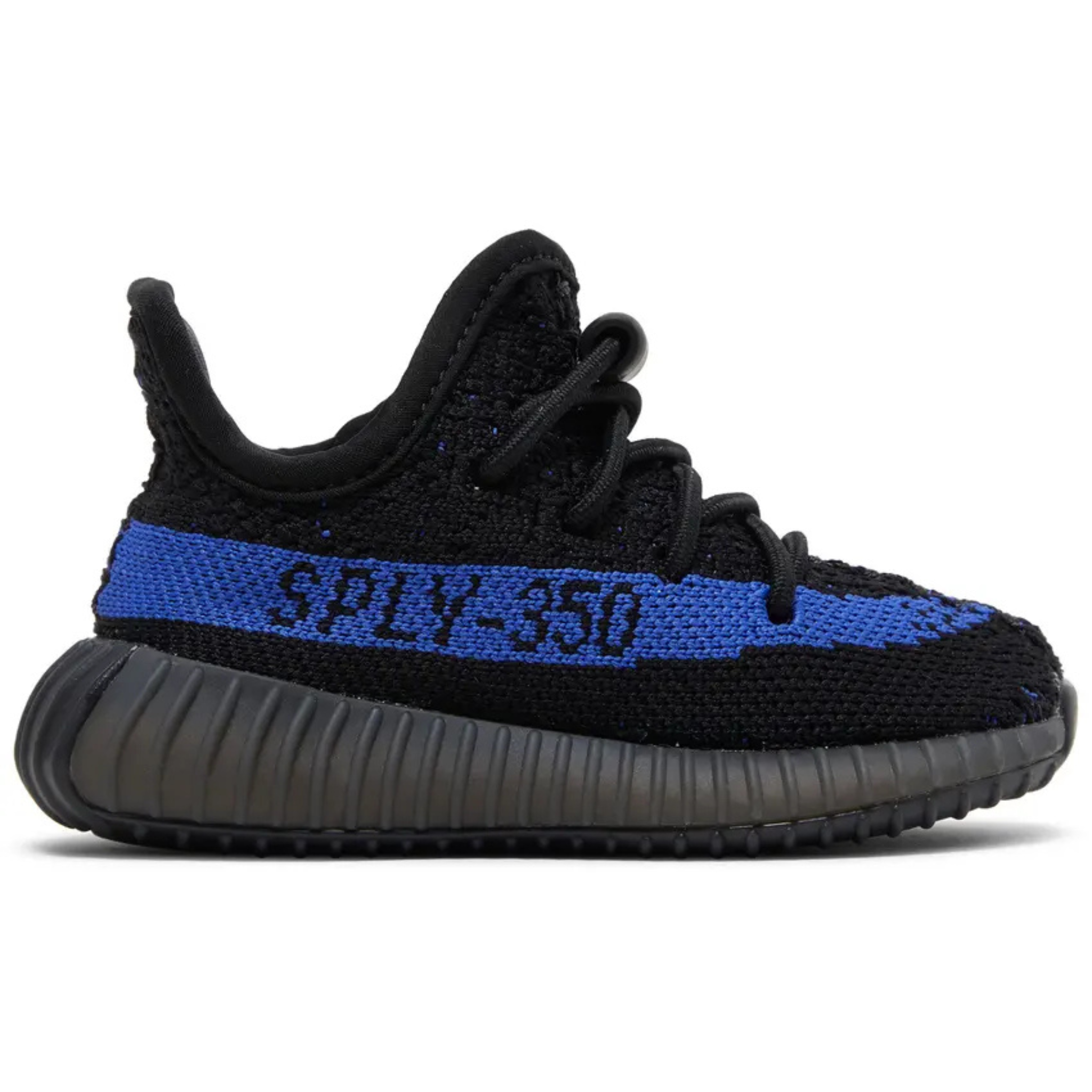 Yeezy Boost 350 infant sneaker in black and dazzling blue with "SPLY-350" stripe detail
