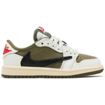 Travis Scott x Air Jordan 1 Retro Low OG SP PS Reverse Olive sneaker side view in medium olive, white, and black colors