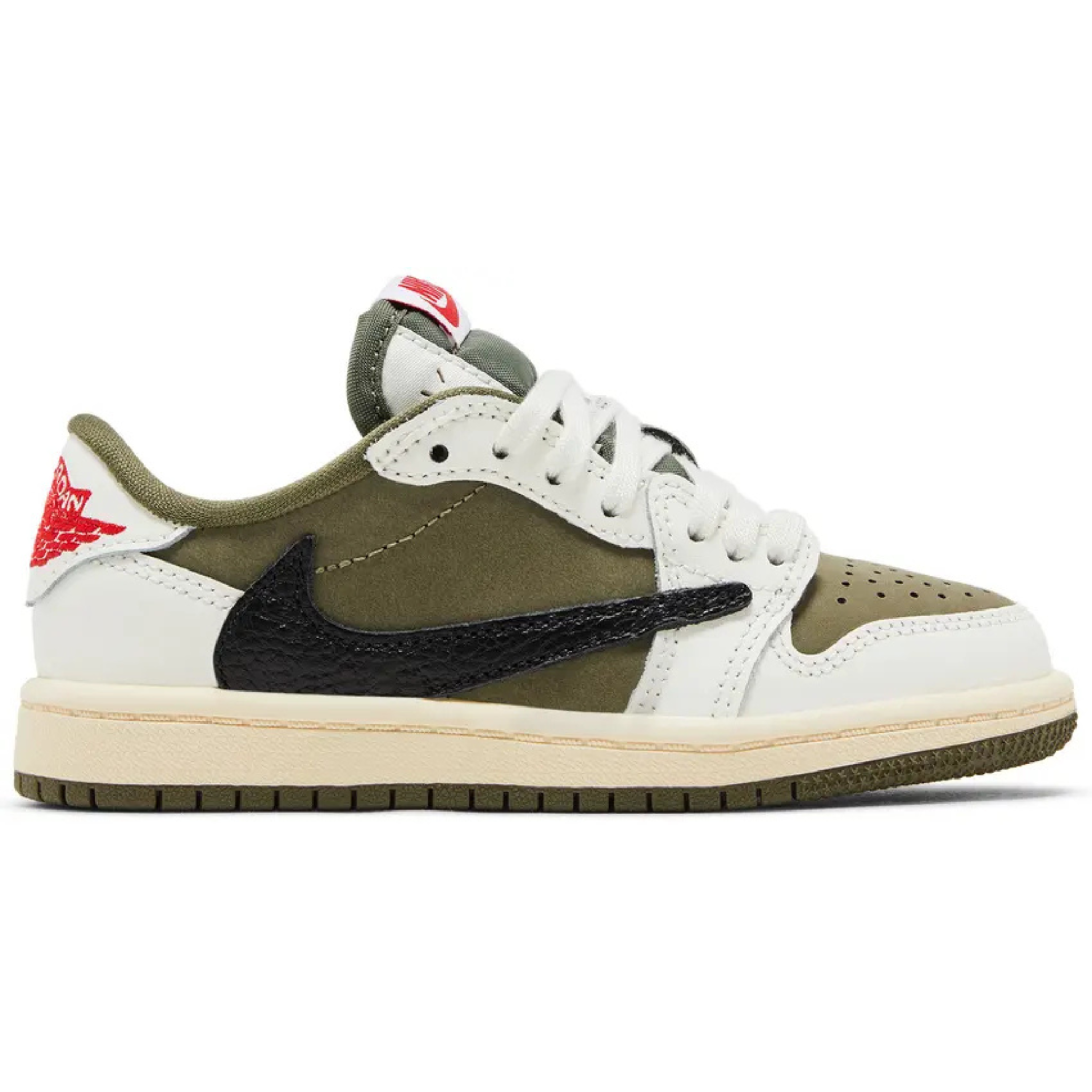 Travis Scott x Air Jordan 1 Retro Low OG SP PS Reverse Olive sneaker side view in medium olive, white, and black colors