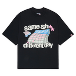 Broken Planet midnight black t-shirt with "same sh different day" graphic and pink star accents