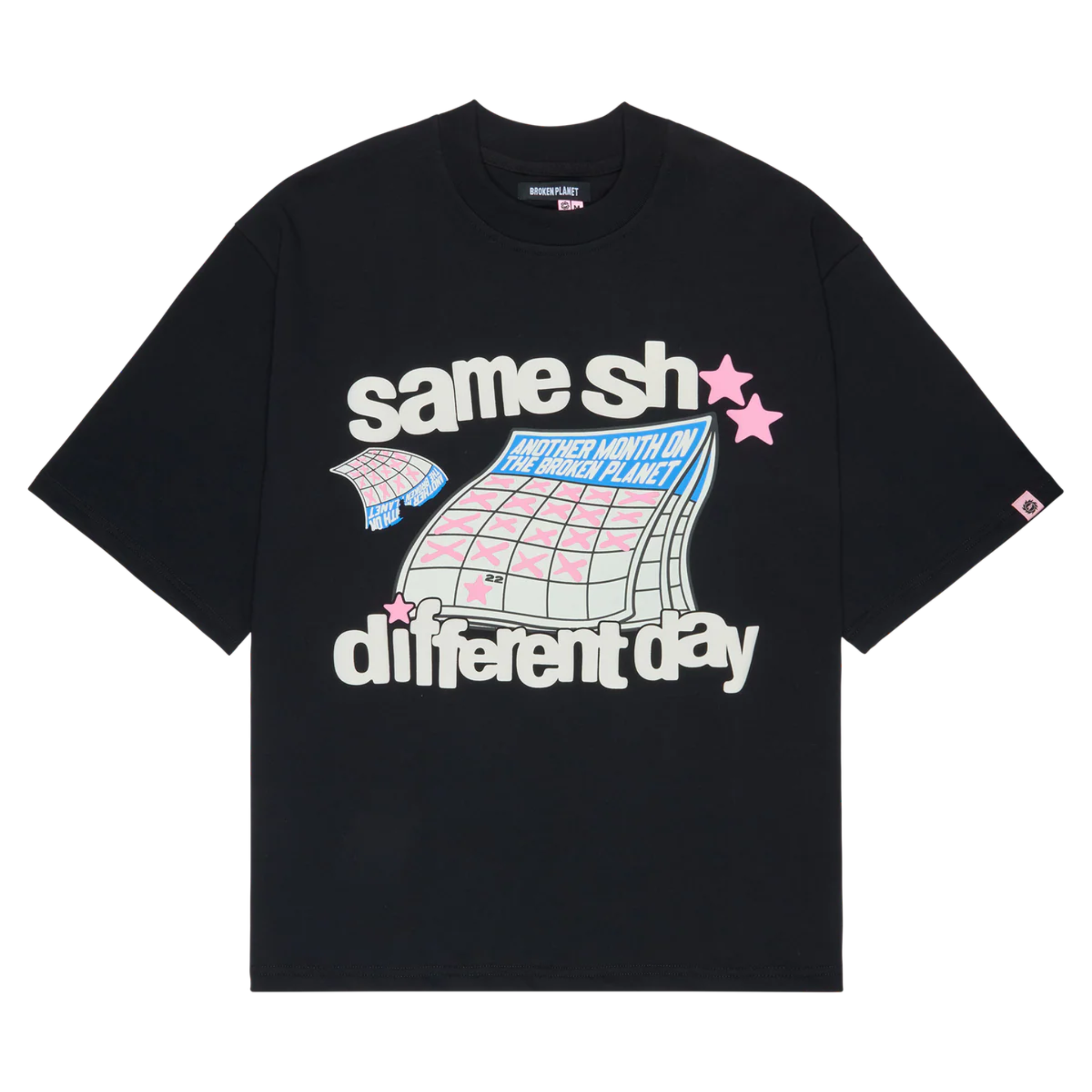 Broken Planet midnight black t-shirt with "same sh different day" graphic and pink star accents
