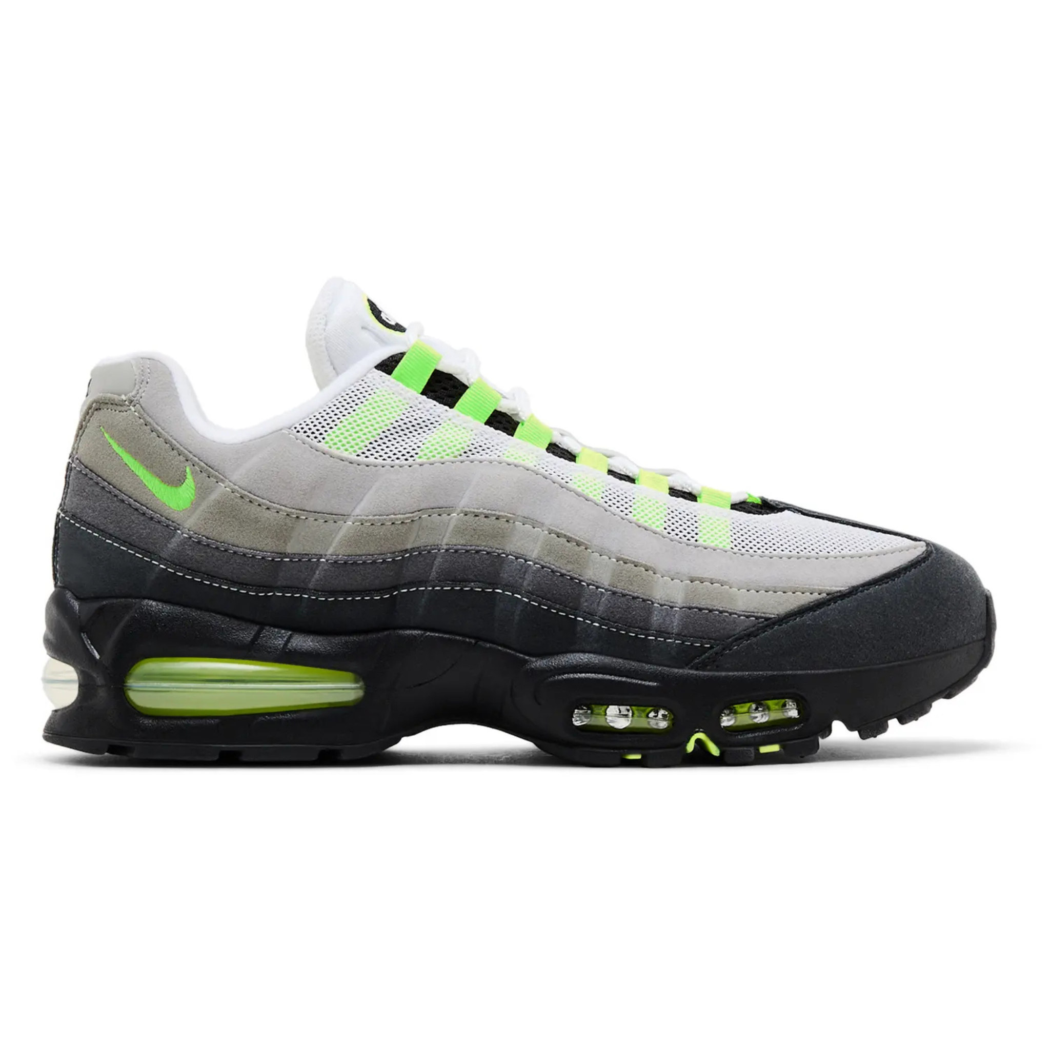 Nike Air Max 95 OG Neon 2025 sneaker in white, grey, black, and neon green accents with visible Air cushioning.