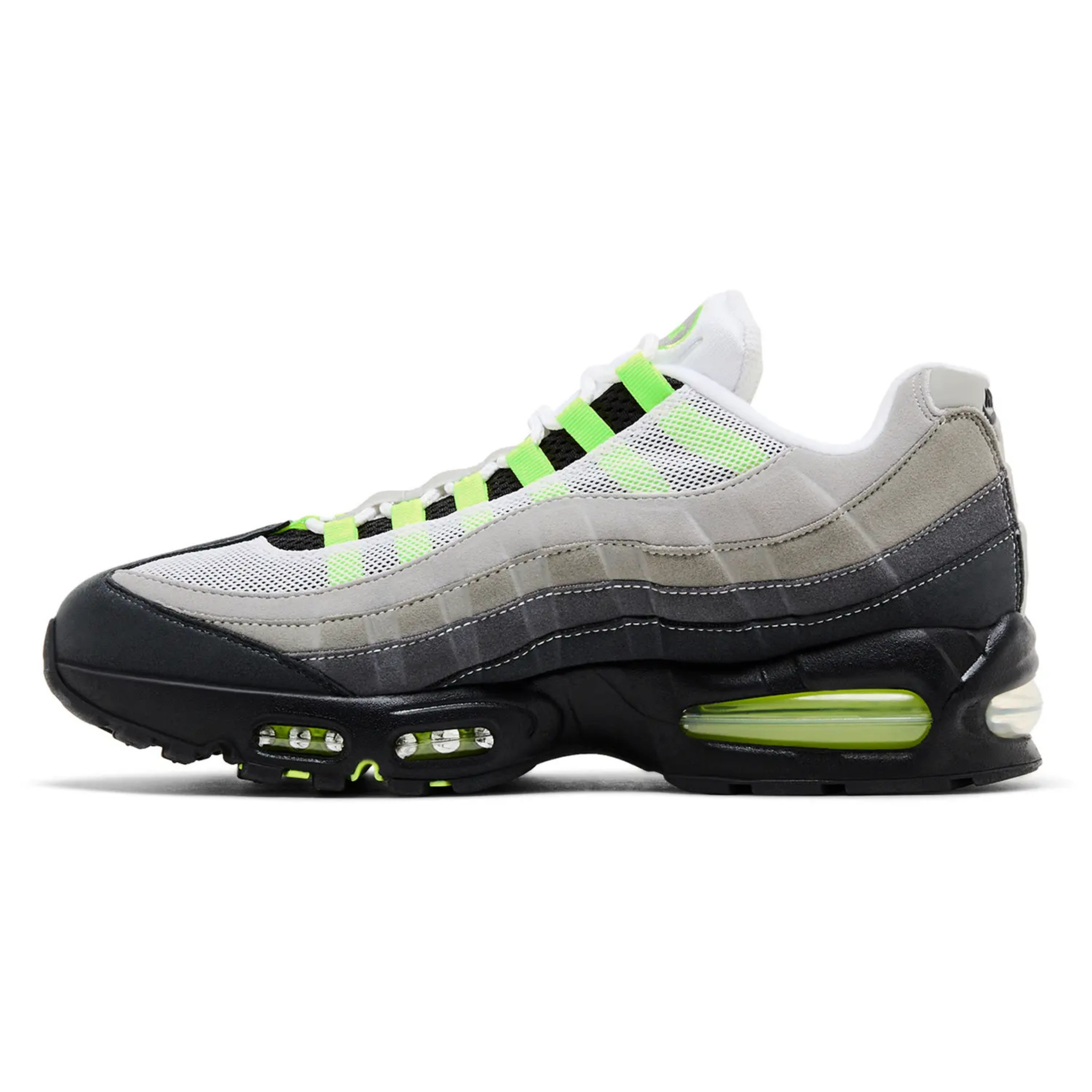 Nike Air Max 95 OG Neon 2025 sneaker in white, gray, black, and neon green accents with visible Air cushioning