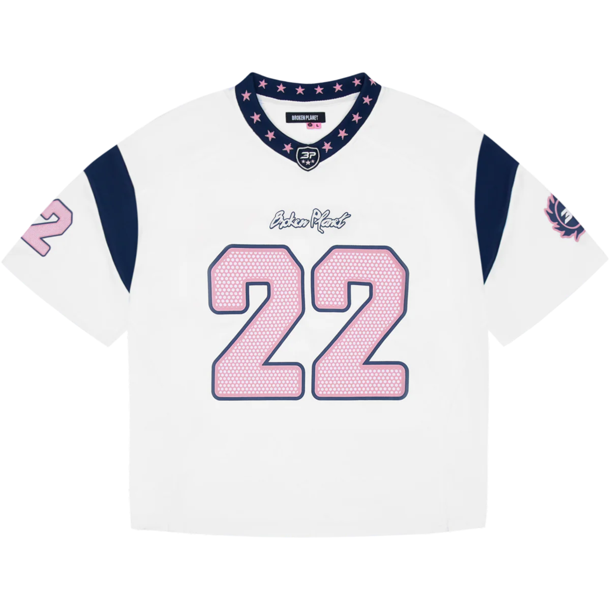 Broken Planet football jersey in white with navy sleeves and pink number 22 details