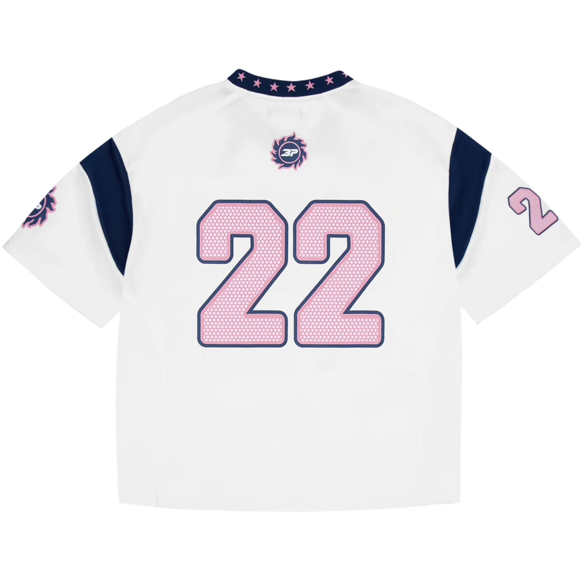Broken Planet navy and pink football jersey with number 22 on back and sleeve
