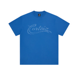 Blue Corteiz Constellation Tee with white script logo on front