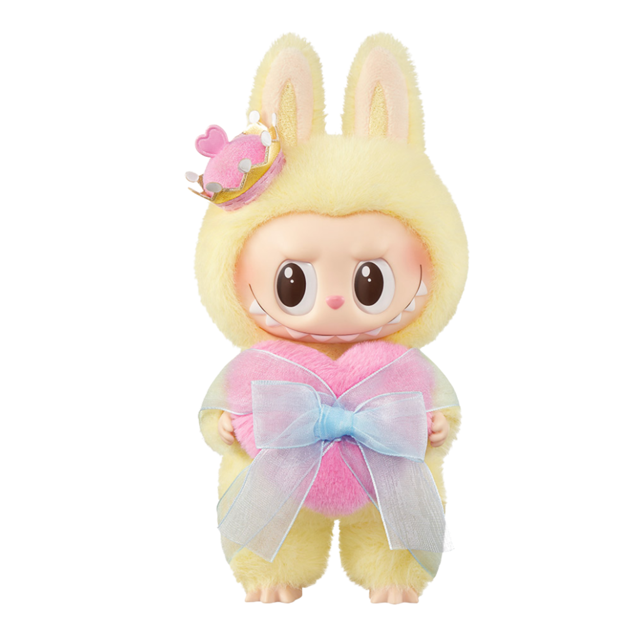 Pop Mart Labubu plush toy in yellow bunny costume holding pink heart with blue bow and small crown accessory