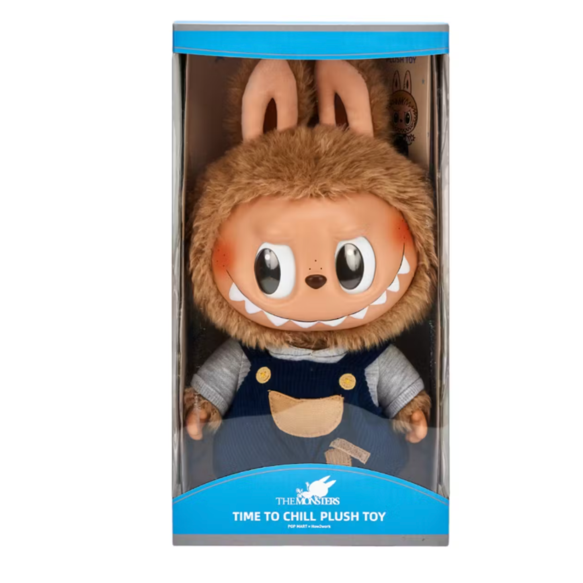 Pop Mart LABUBU Time to Chill vinyl plush doll with furry head and blue overalls in display box
