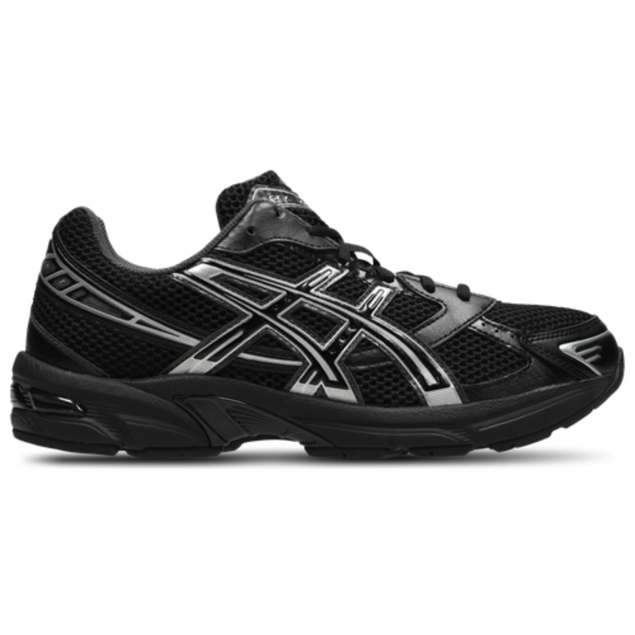 Gel 1130 black running shoe with silver accents and mesh upper
