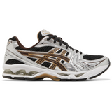 Gel Kayano 14 Black Coffee running shoe with metallic silver and brown design