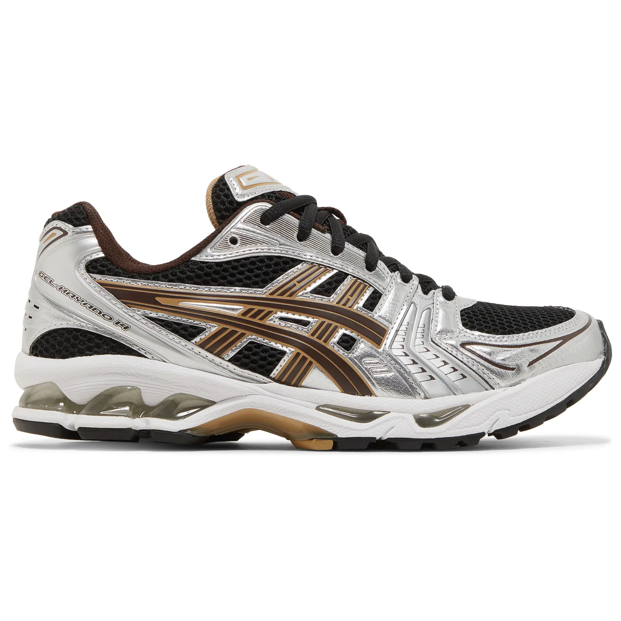 Gel Kayano 14 Black Coffee running shoe with metallic silver and brown design