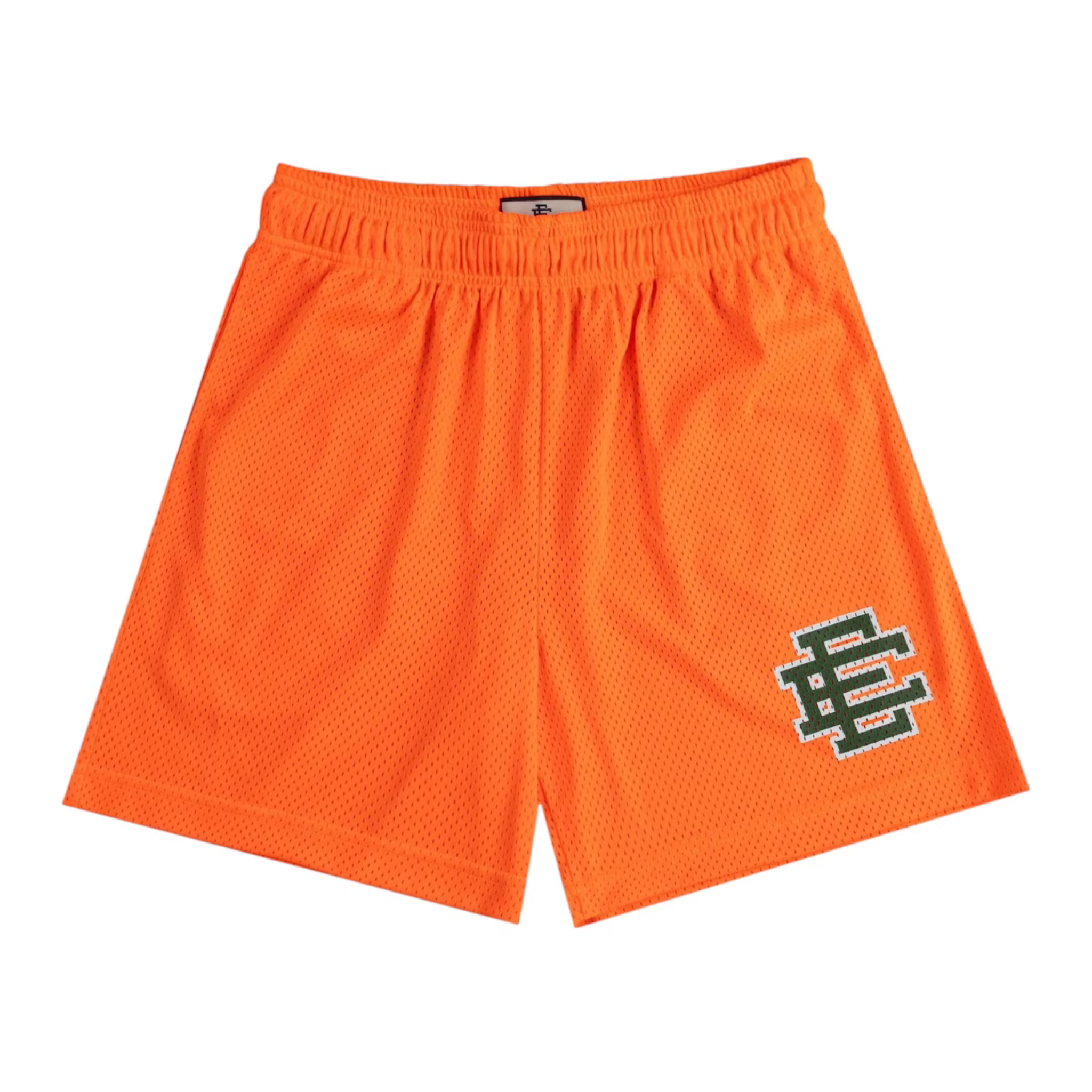 Eric Emanuel orange athletic shorts with green logo and elastic waistband