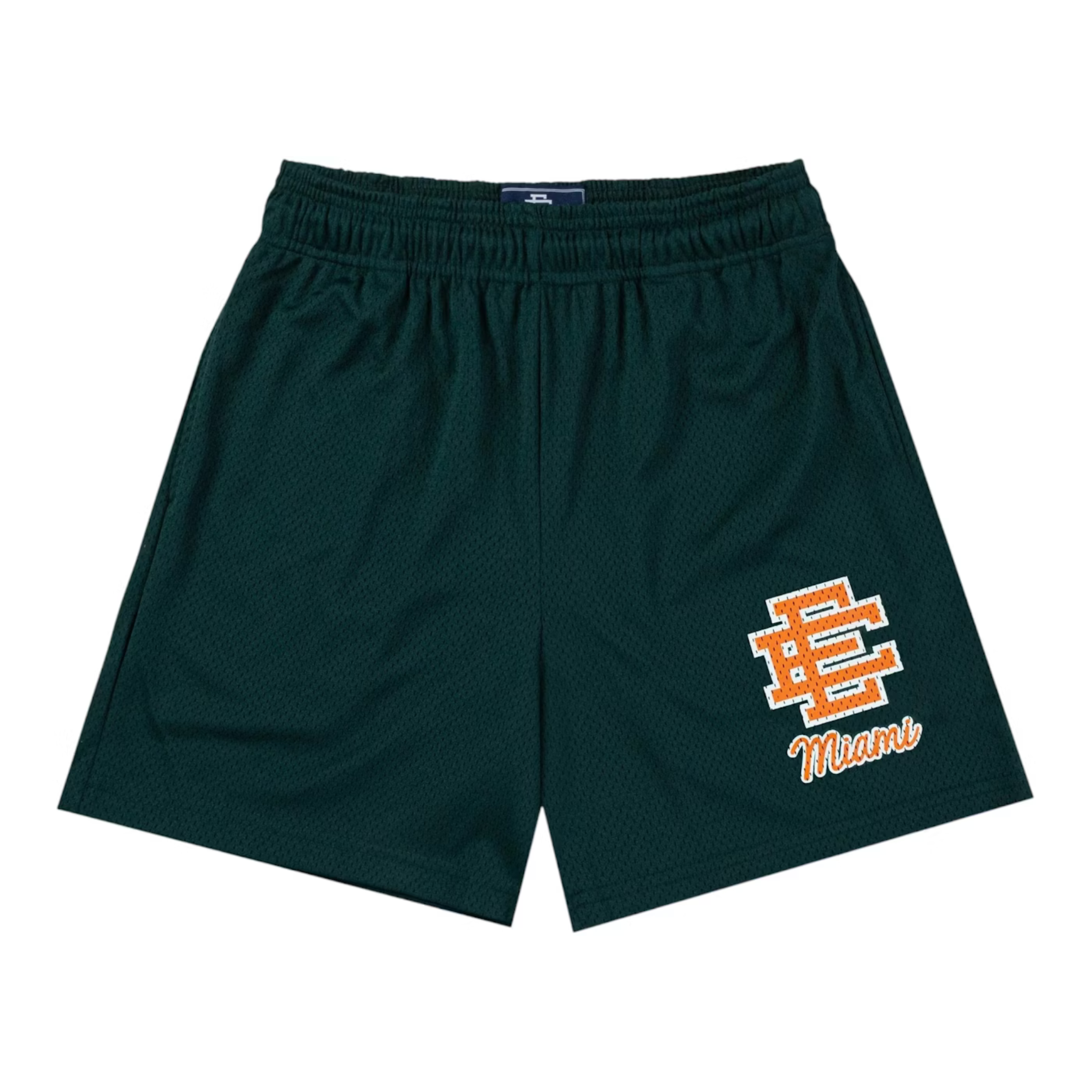 Eric Emanuel EE Miami green mesh shorts with orange logo and Miami text
