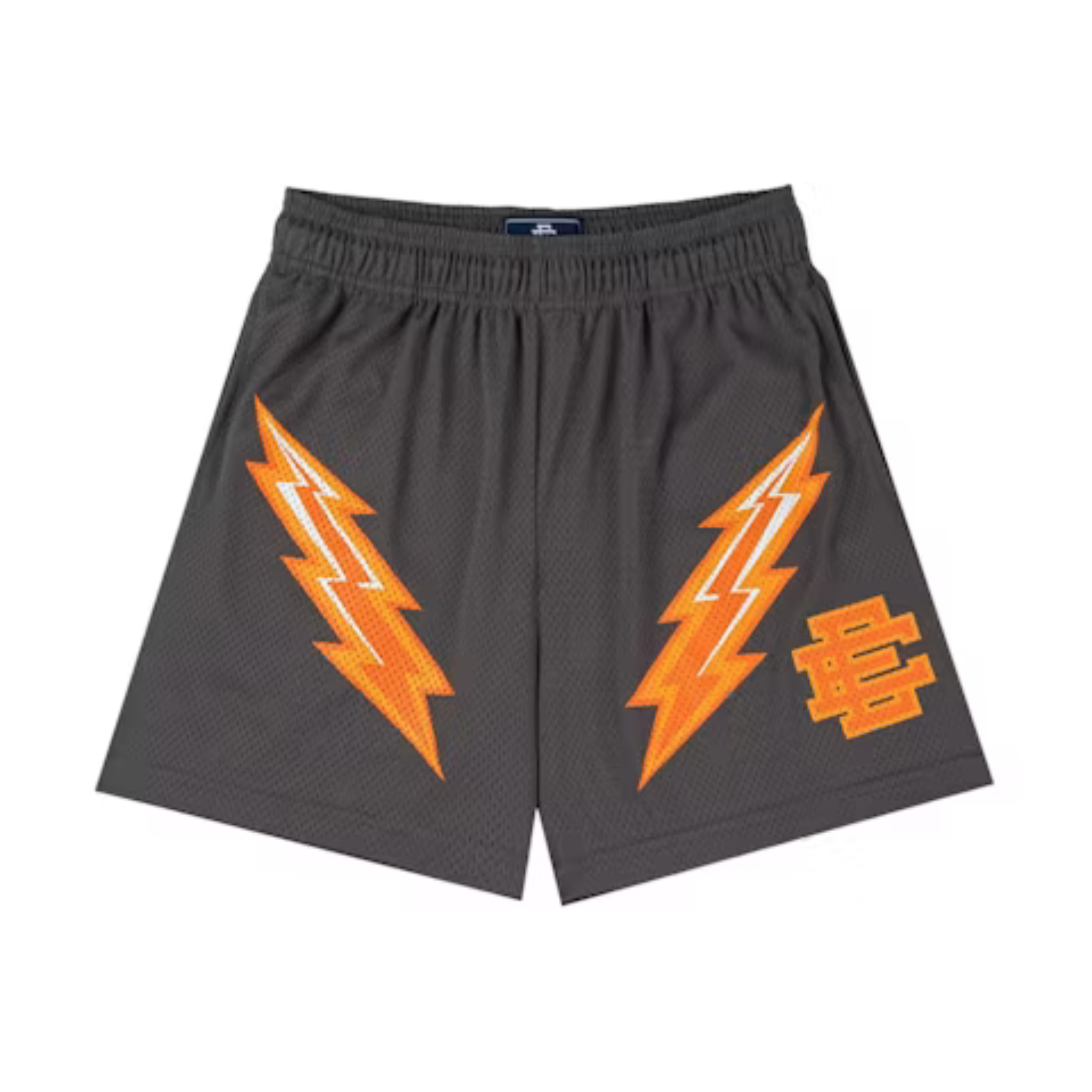 Eric Emanuel EE Basic Short in thunderstorm gray with orange lightning bolt graphics and EE logo.