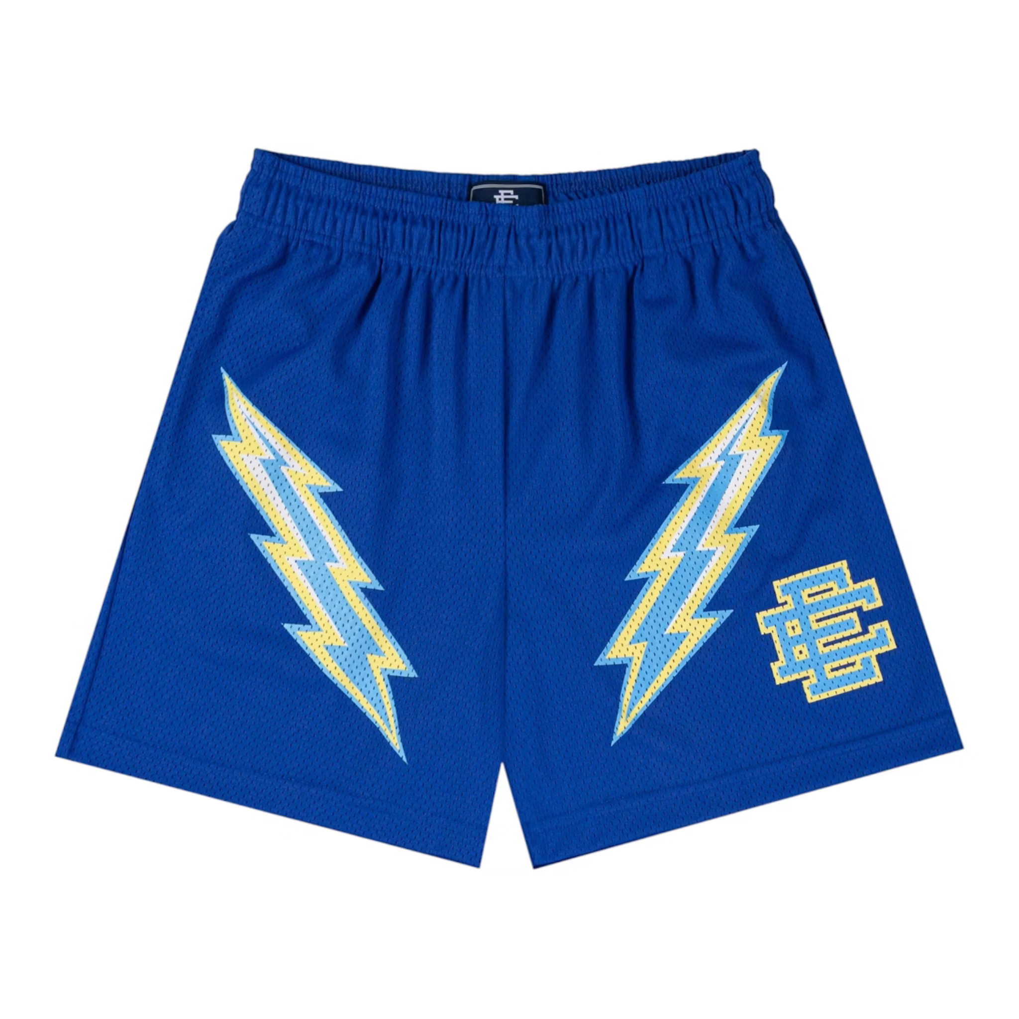 Eric Emanuel EE Basic Short in dazzling blue with yellow lightning bolt design and EE logo