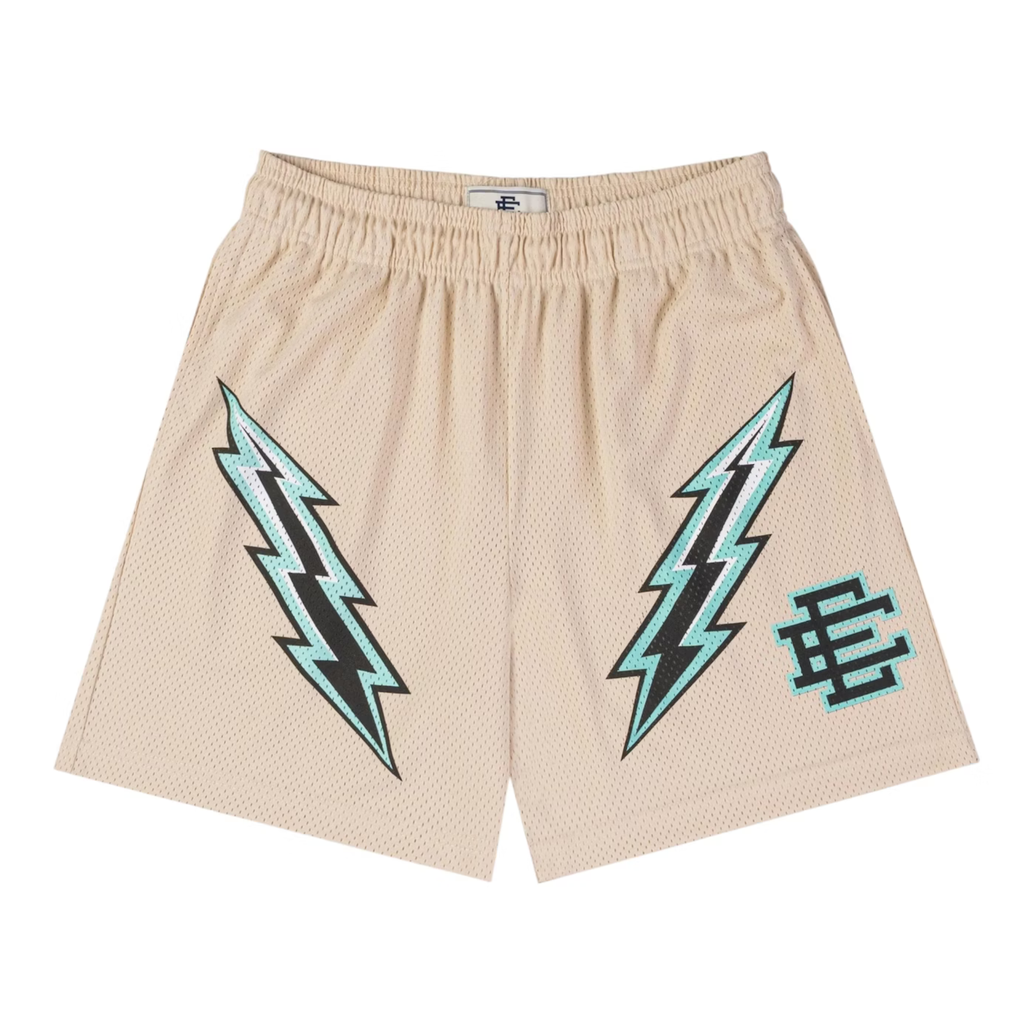 Eric Emanuel EE Basic mesh shorts in whitecap with black and teal lightning bolt designs and EE logo