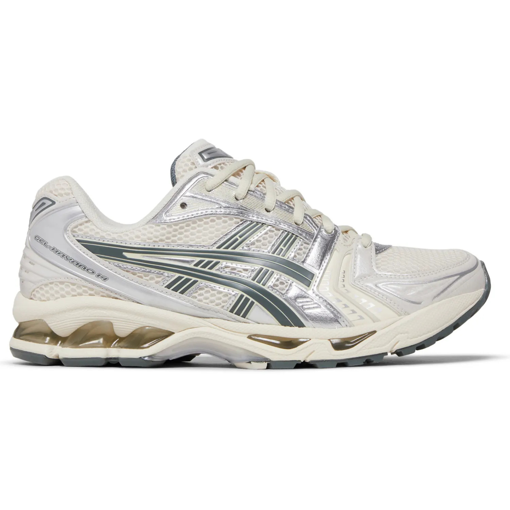 ASICS Gel Kayano 14 sneaker in birch and dark pewter with cushioned sole and mesh upper