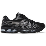 Black ASICS Gel Kayano 14 running shoe with pure silver accents and cushioned sole