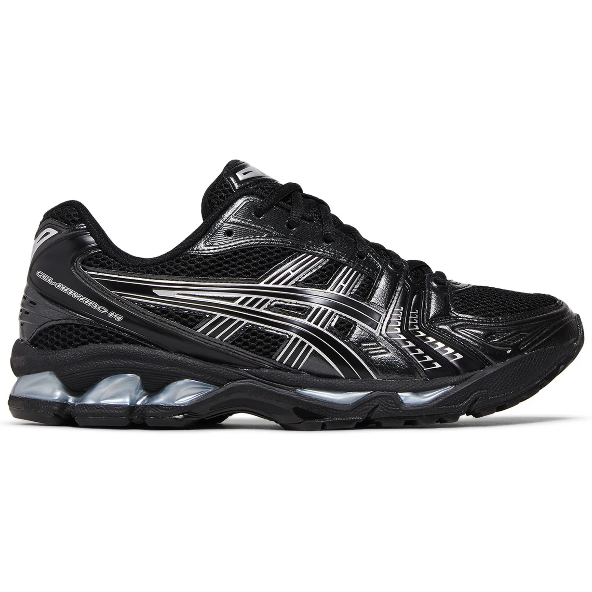 Black ASICS Gel Kayano 14 running shoe with pure silver accents and cushioned sole