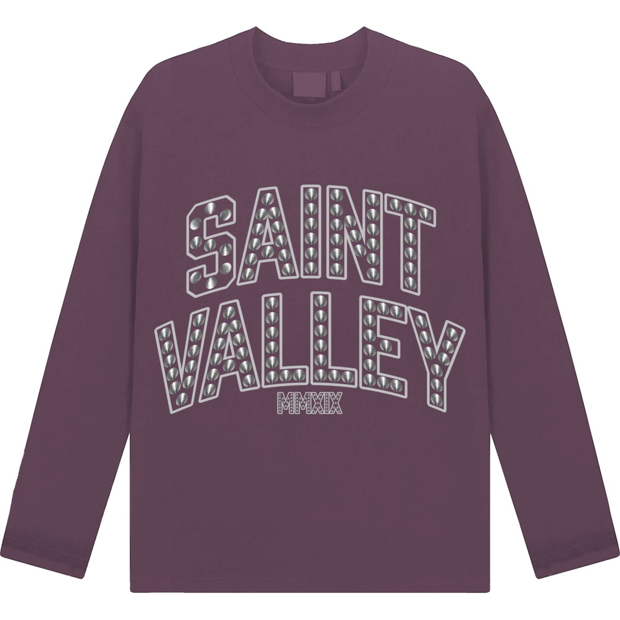 Suavo World purple long sleeve t-shirt with "Saint Valley" embellished text design