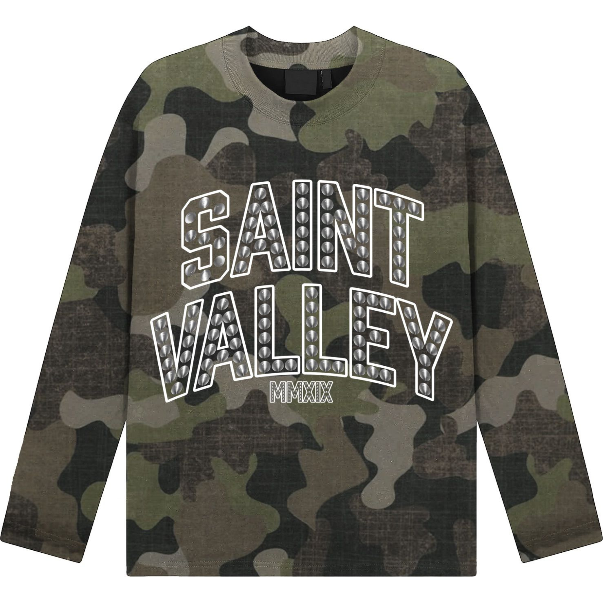 Suavo World Saint Valley long sleeve camo T-shirt with bold printed text design