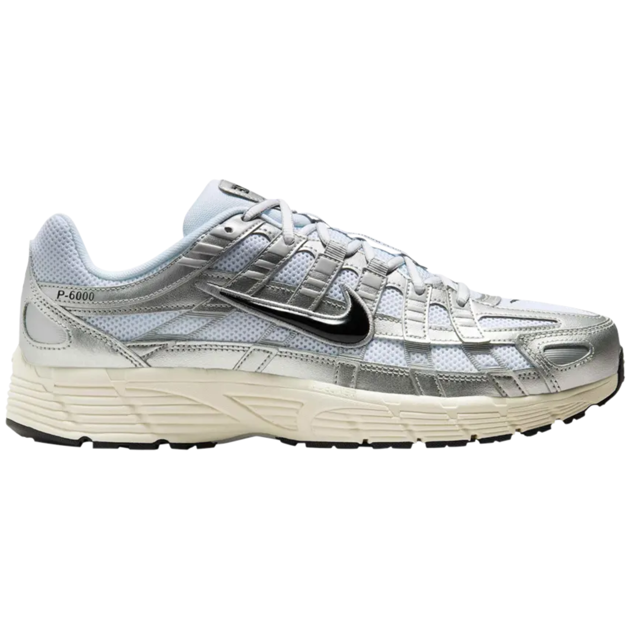 P-6000 White metallic flat silver running shoe with black Nike swoosh and white sole