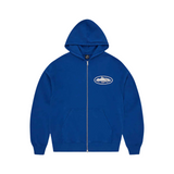 Royal blue Corteiz Island puff print zip-up hoodie with front pockets and hood