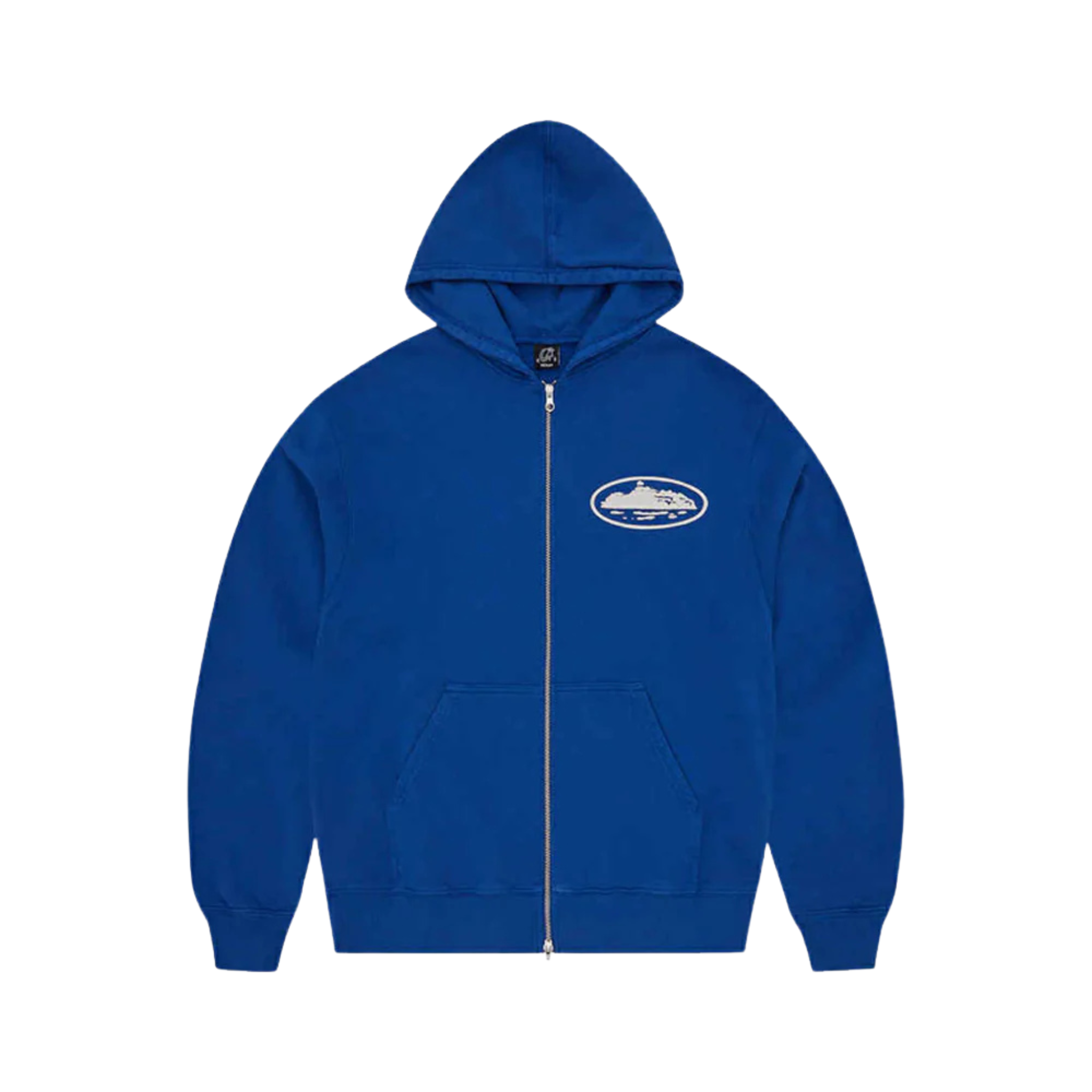 Royal blue Corteiz Island puff print zip-up hoodie with front pockets and hood
