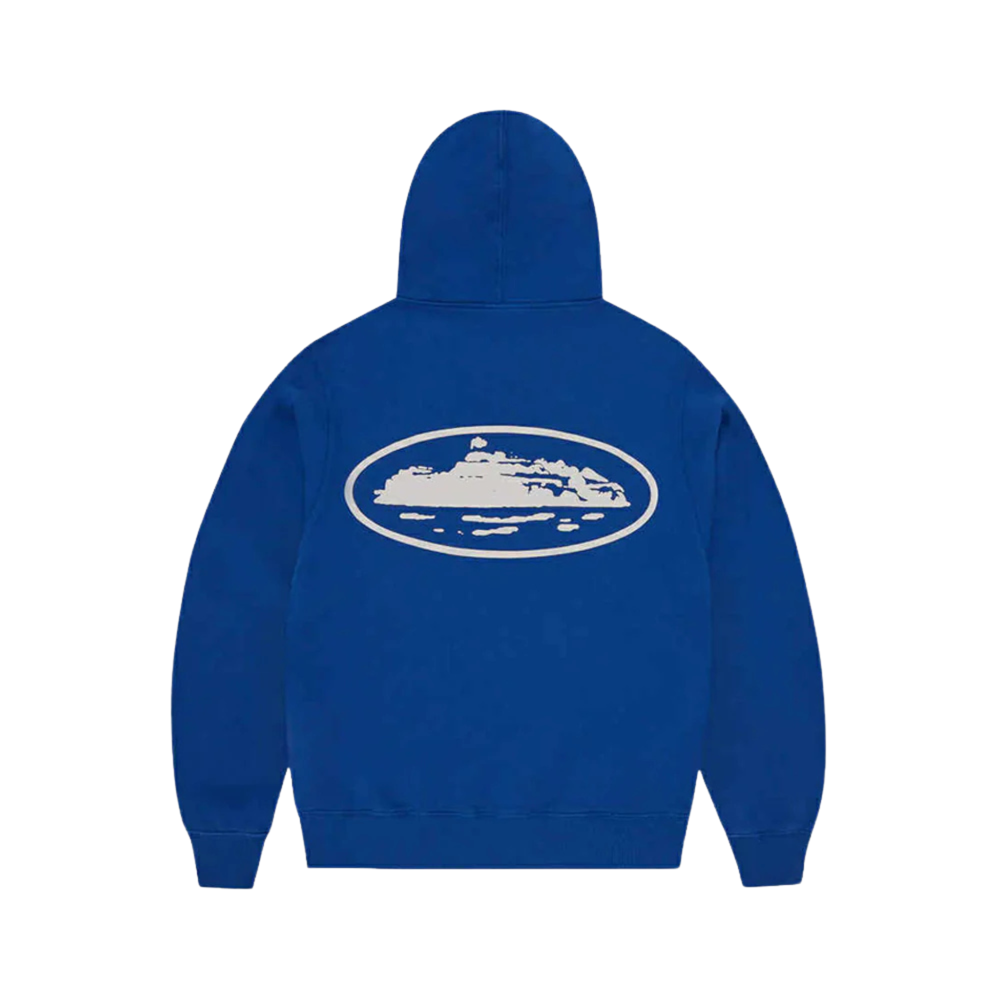 Corteiz Island royal blue zip hoodie with puff print island graphic on the back