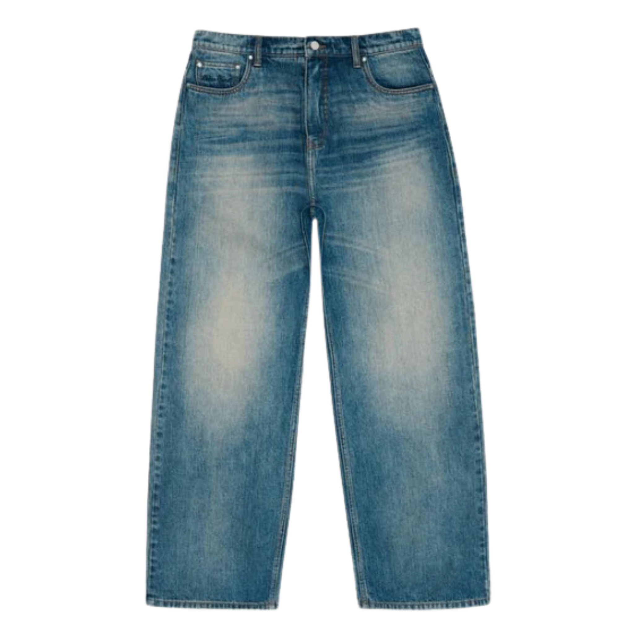 Broken Planet washed denim jeans in faded blue with a relaxed wide-leg fit.