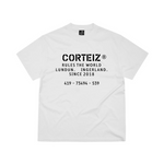 White Corteiz OG Stencil Tee with black text graphic and logo on front