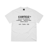 White Corteiz OG Stencil Tee with black text graphic and logo on front