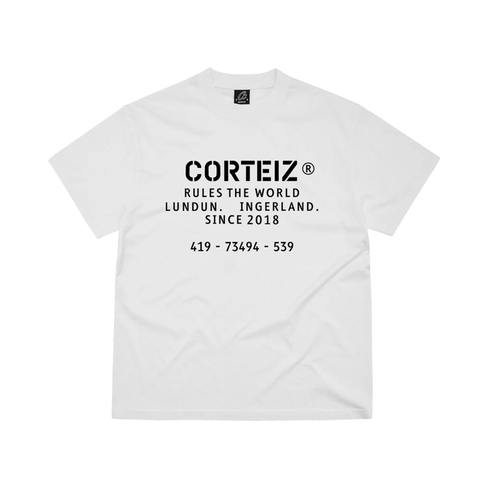 White Corteiz OG Stencil Tee with black text graphic and logo on front